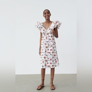 Zara Dress White Mixed Print Floral Grid Ruffle Sleeve Front Tie V Neck Midi